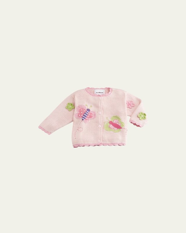 Butterflies Cotton Button-Front Sweater, Pink, Size 6-24